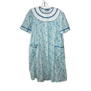 Moon Dance Nightgown Womens 1X Blue Floral Cottagecore Housecoat Snap Grannycore